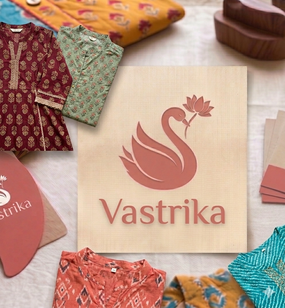 Vastrika branded fabric labels arranged with colorful handcrafted kurtis